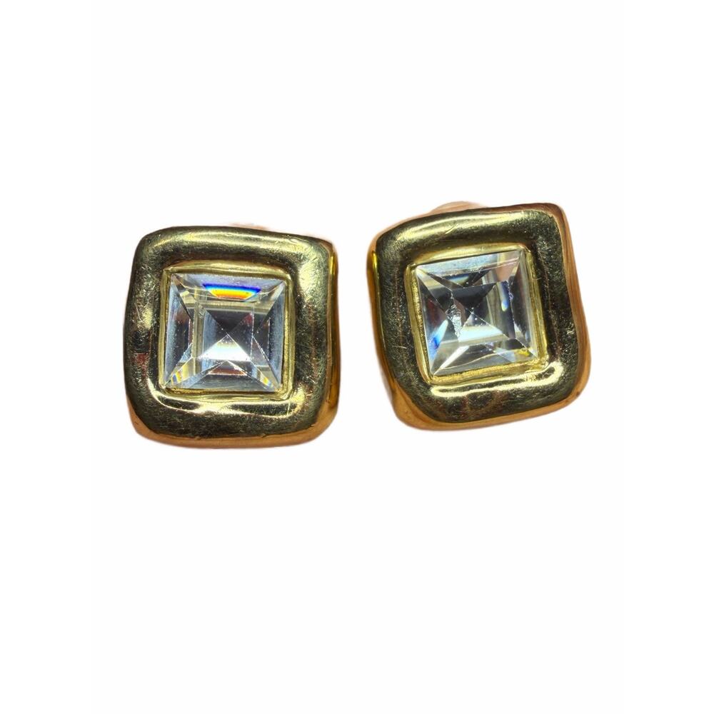 Vintage GIVENCHY Emerald Shaped Crystal Gold Plated Stud Earrings Classic 1980s